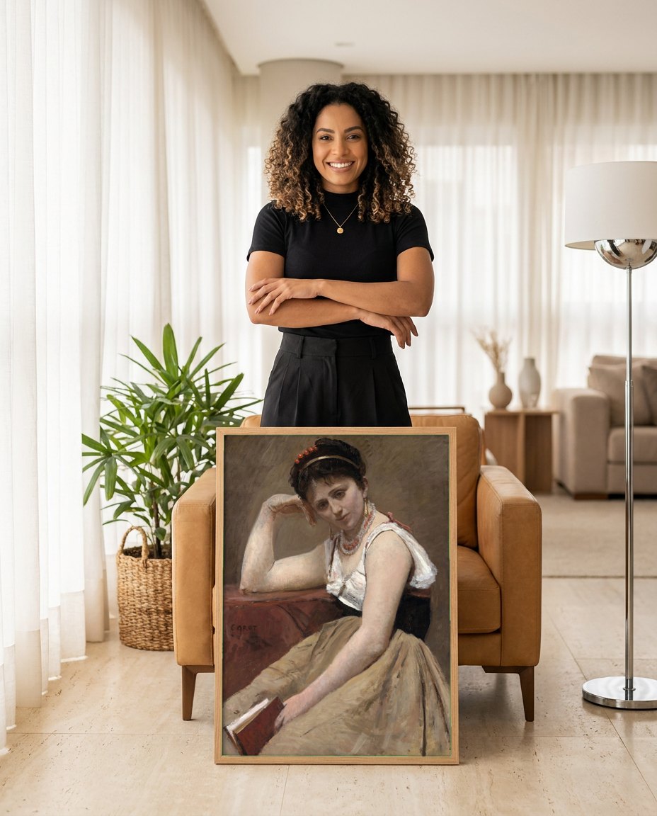 Quadro Decorativo A Leitora - Corot | modelo apresentando o quadro emoldurado
