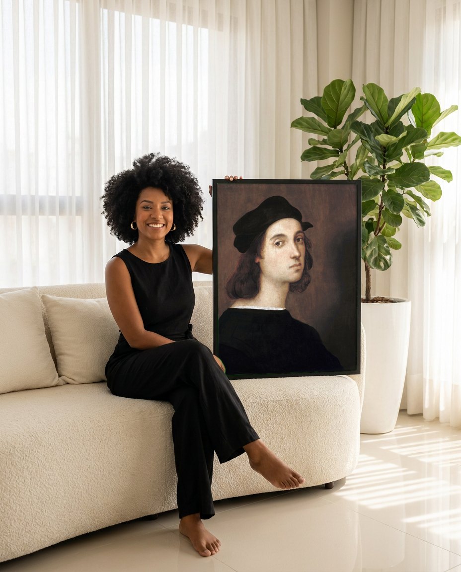 Quadro Decorativo Autorretrato (ou Retrato de Jovem) - Rafael | modelo apresentando o quadro emoldurado