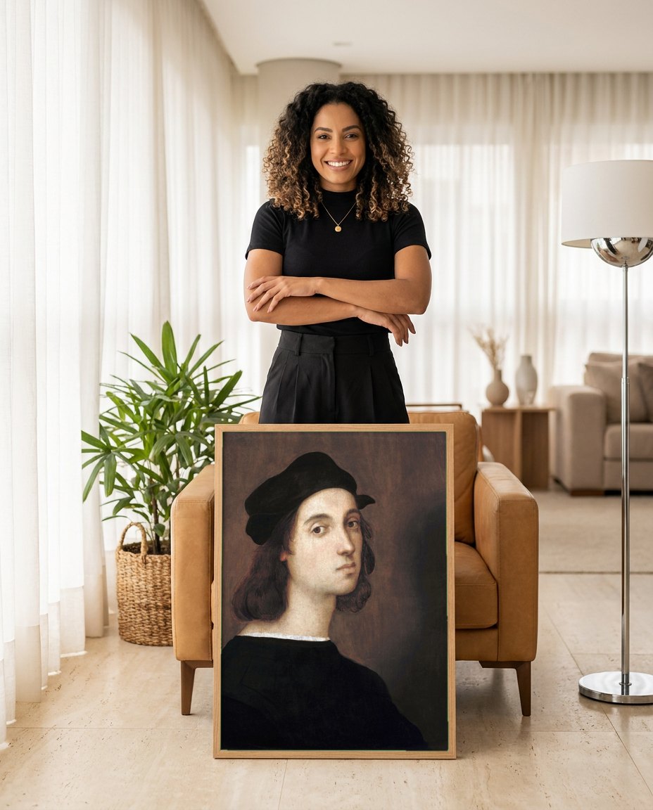 Quadro Decorativo Autorretrato (ou Retrato de Jovem) - Rafael | modelo apresentando o quadro emoldurado