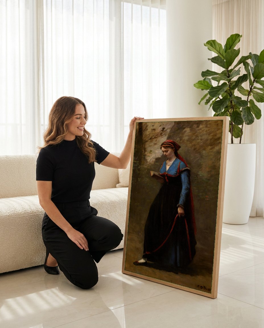 Quadro Decorativo A Leitora - Corot | modelo apresentando o quadro emoldurado