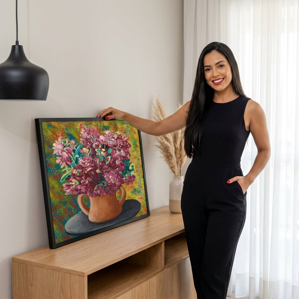Quadro Decorativo Vaso de Flores Vibrantes - Moïse Kisling | modelo apresentando o quadro emoldurado