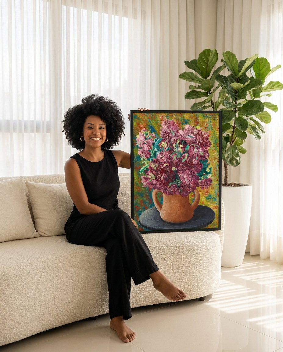 Quadro Decorativo Vaso de Flores Vibrantes - Moïse Kisling | modelo apresentando o quadro emoldurado