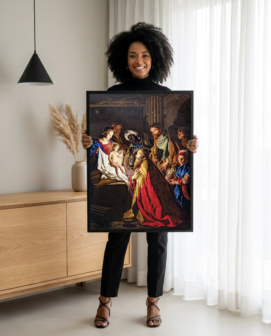 Quadro Decorativo Adoração dos Magos - Matthias Stomer | modelo apresentando o quadro emoldurado
