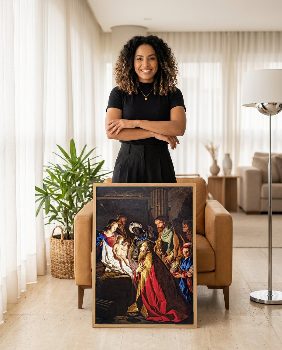 Quadro Decorativo Adoração dos Magos - Matthias Stomer | modelo apresentando o quadro emoldurado