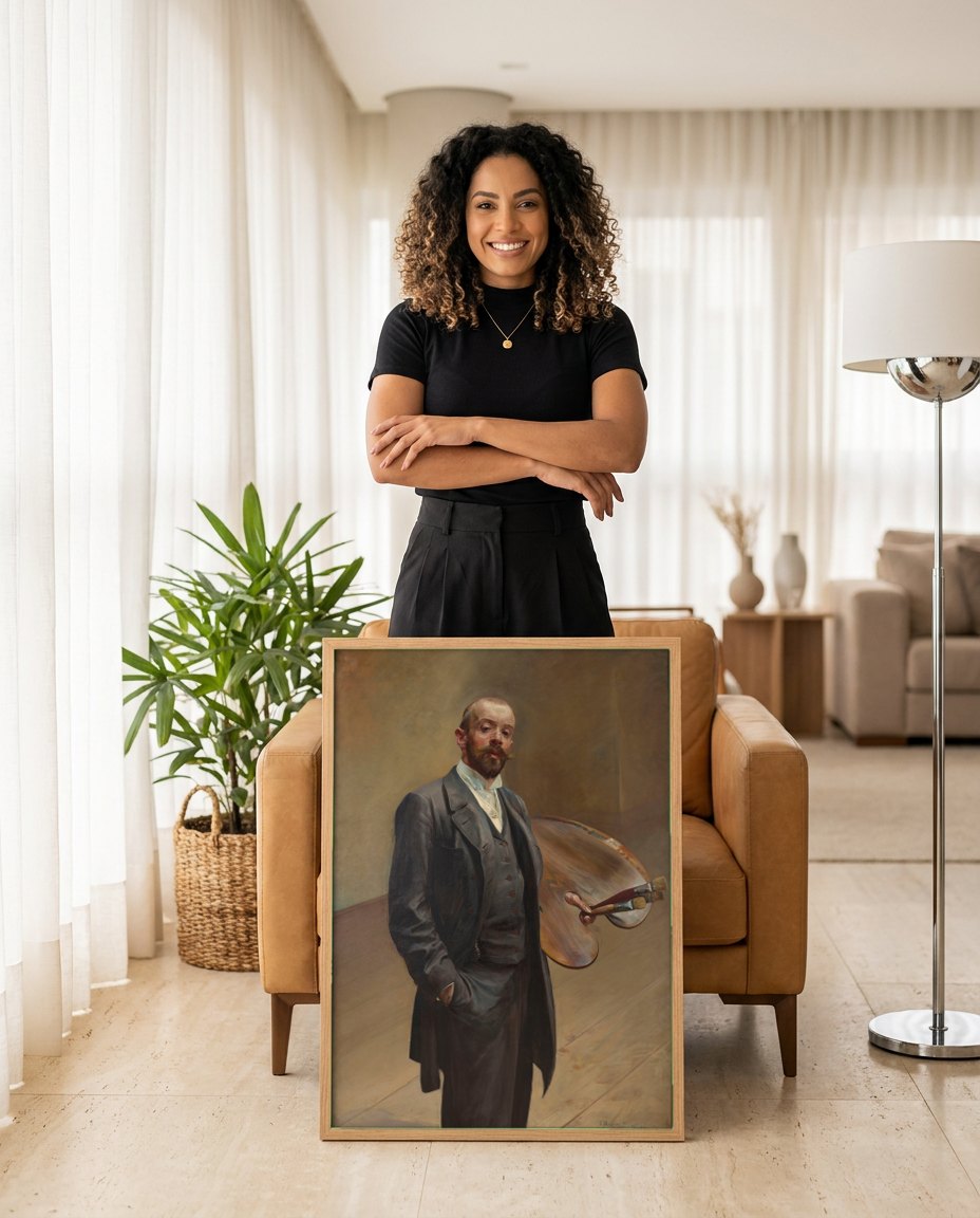 Quadro Decorativo Autorretrato com Paleta - Jacek Malczewski | modelo apresentando o quadro emoldurado