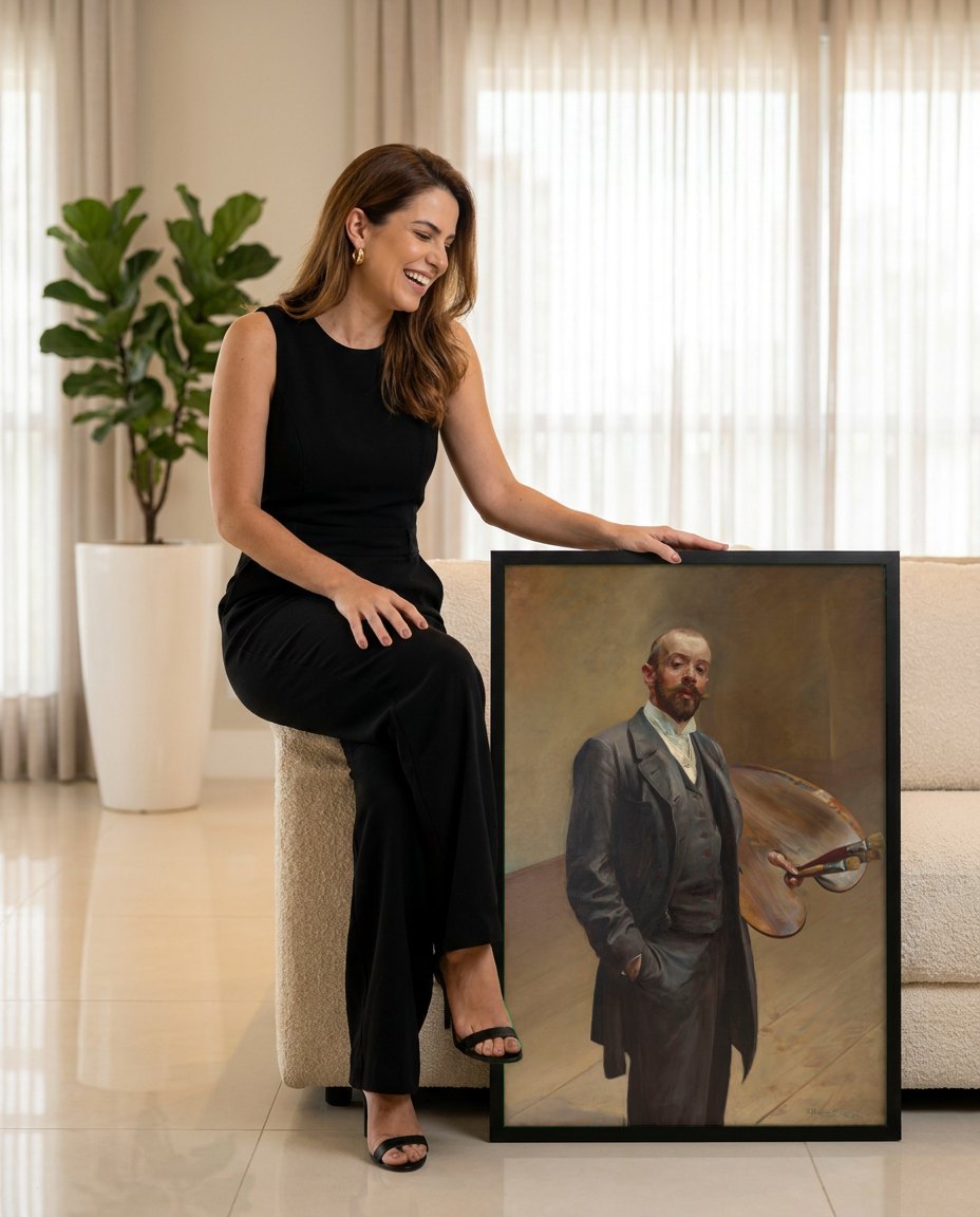 Quadro Decorativo Autorretrato com Paleta - Jacek Malczewski | modelo apresentando o quadro emoldurado