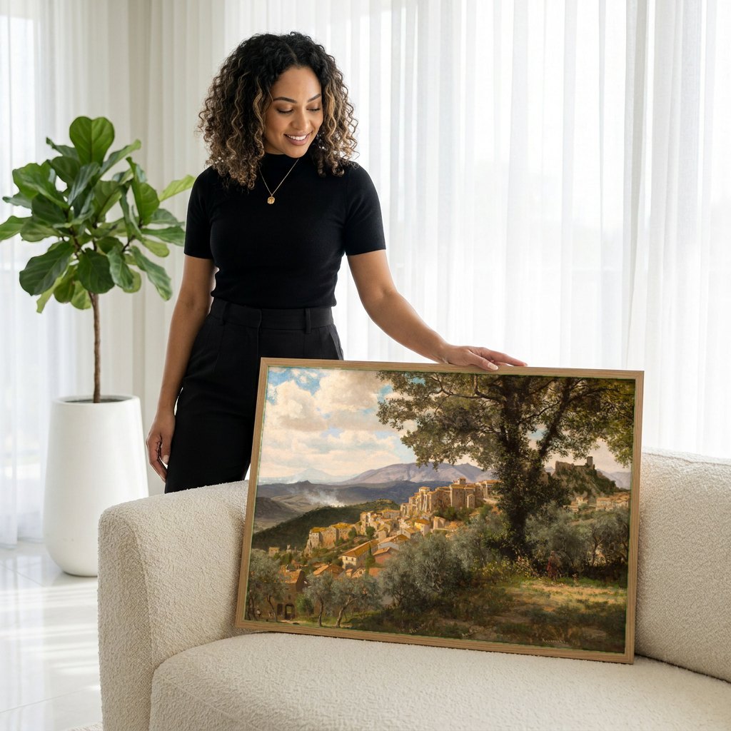 Quadro Decorativo Aldeia Italiana - Albert Bierstadt | modelo apresentando o quadro emoldurado
