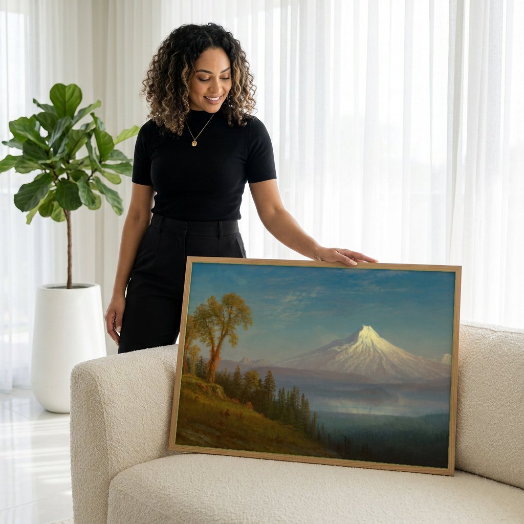 Quadro Decorativo Montanha Nevada ao Entardecer - Bierstadt | modelo apresentando o quadro emoldurado