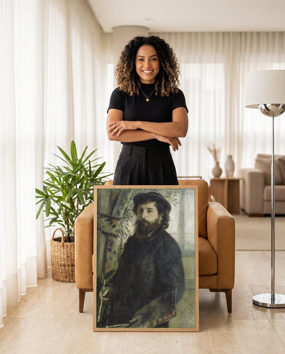 Quadro Decorativo Autorretrato de Monet - Claude Monet | modelo apresentando o quadro emoldurado