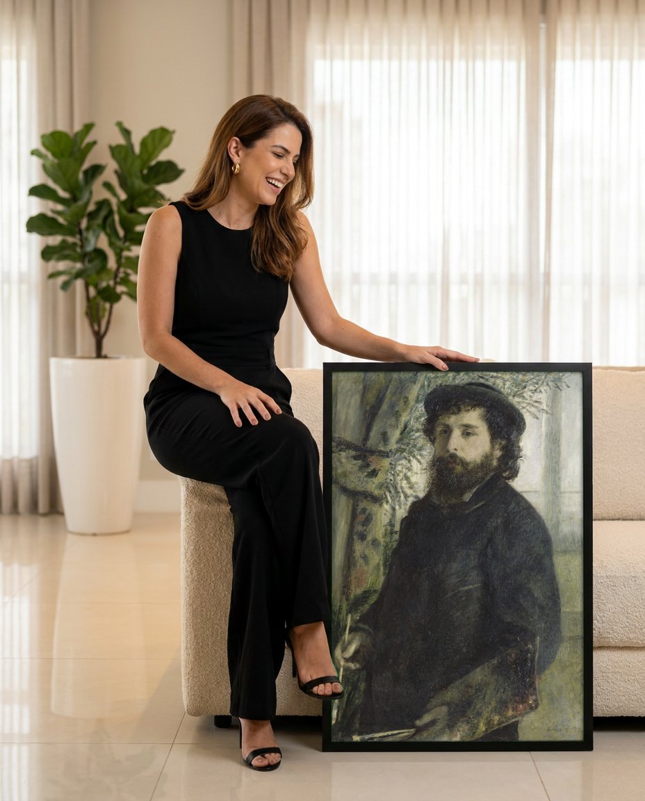 Quadro Decorativo Autorretrato de Monet - Claude Monet | modelo apresentando o quadro emoldurado