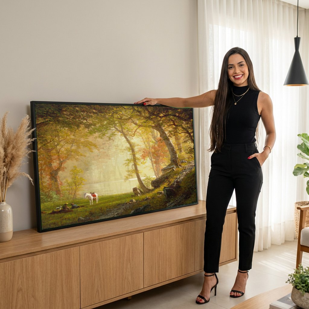 Quadro Decorativo Floresta e Rio – Albert Bierstadt | modelo apresentando o quadro emoldurado