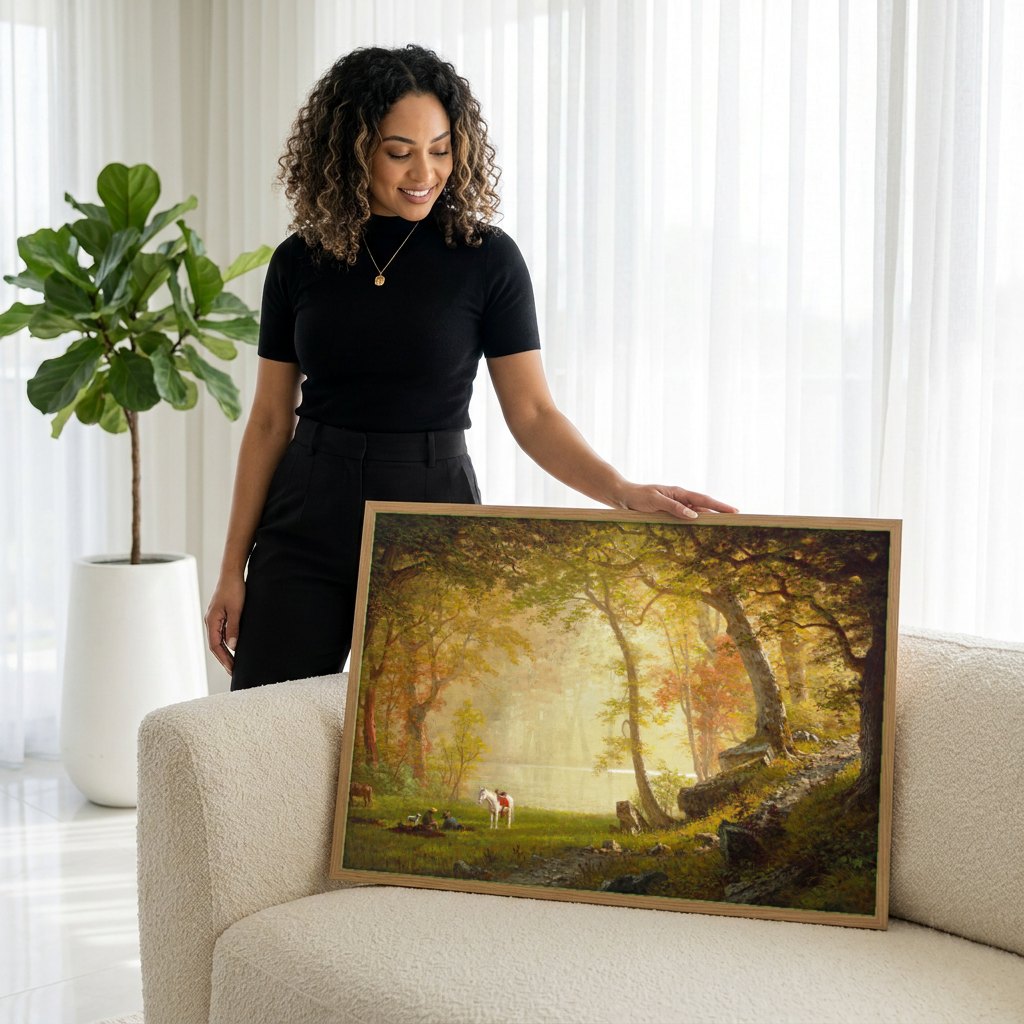 Quadro Decorativo Floresta e Rio – Albert Bierstadt | modelo apresentando o quadro emoldurado
