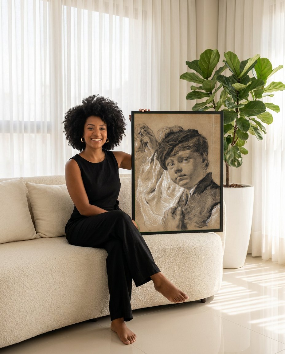 Quadro Decorativo Jovem com Pera - Piazzetta | modelo apresentando o quadro emoldurado