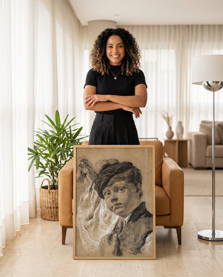 Quadro Decorativo Jovem com Pera - Piazzetta | modelo apresentando o quadro emoldurado