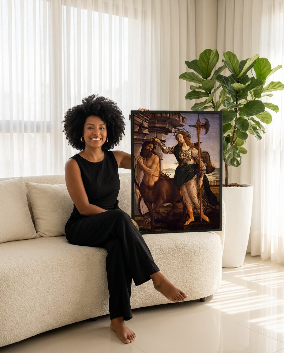 Quadro Decorativo Palas e o Centauro - Botticelli | modelo apresentando o quadro emoldurado