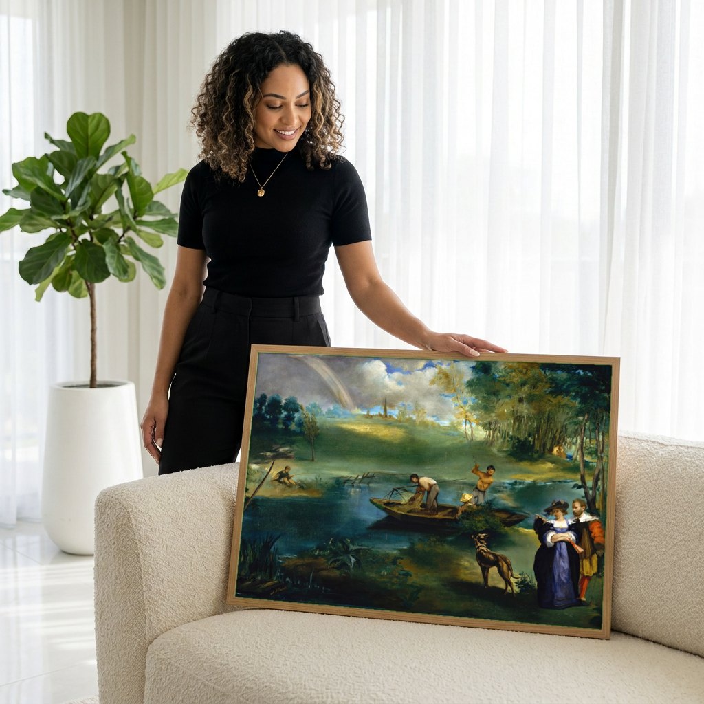 Quadro Decorativo A Pesca (O Rio) - Manet | modelo apresentando o quadro emoldurado