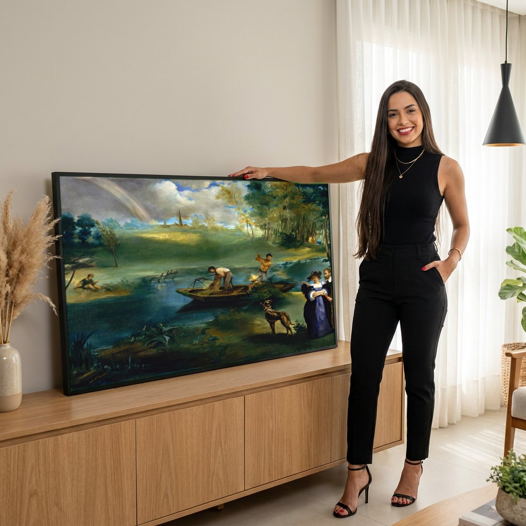 Quadro Decorativo A Pesca (O Rio) - Manet | modelo apresentando o quadro emoldurado