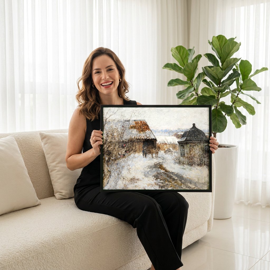 Quadro Decorativo Inverno na Aldeia - Victor Fosseil | modelo apresentando o quadro emoldurado
