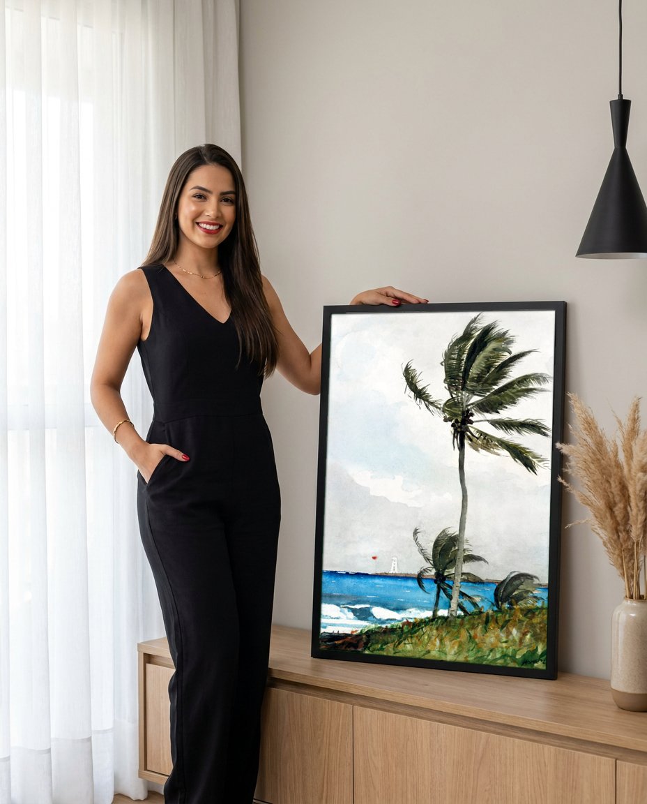 Quadro Decorativo Palmeiras na Tempestade - Winslow Homer com modelo em ambiente