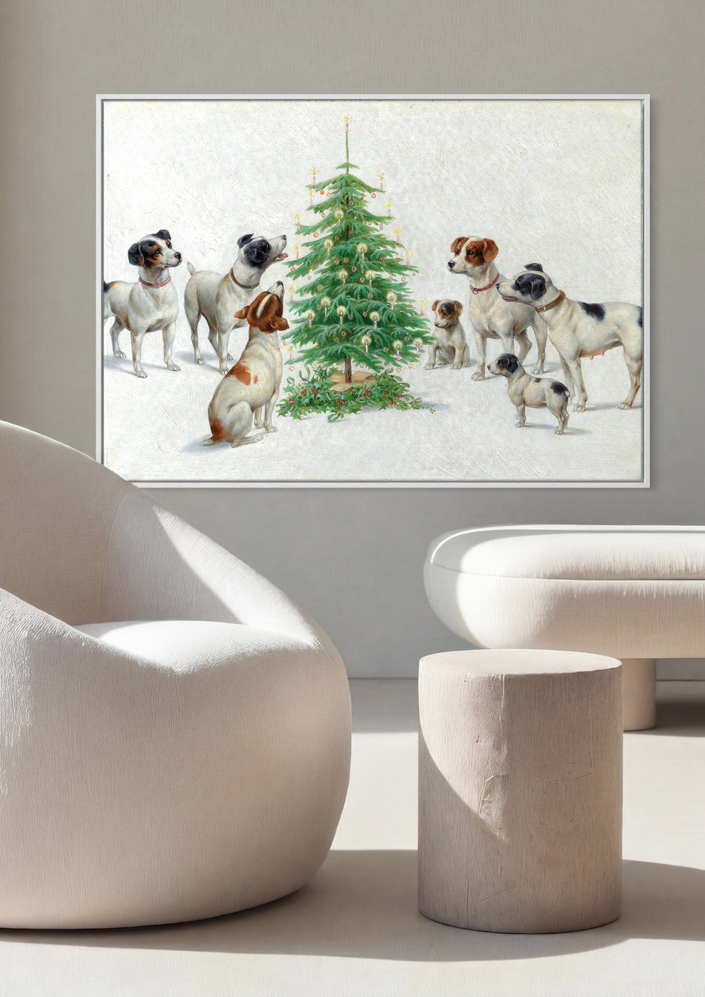 Quadro Decorativo Cães e Árvore de Natal - Carl Reichert em ambiente decorado
