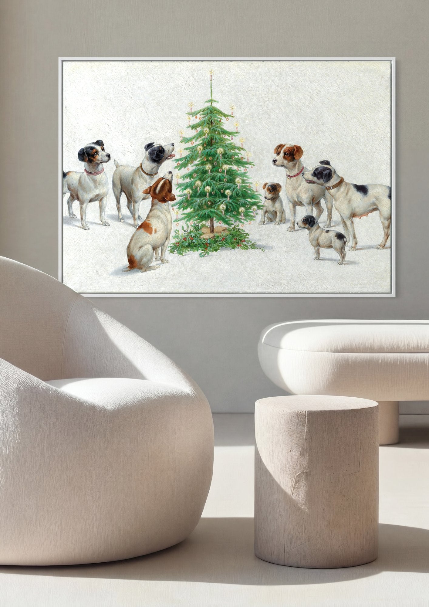 Quadro Decorativo Cães e Árvore de Natal - Carl Reichert em ambiente decorado