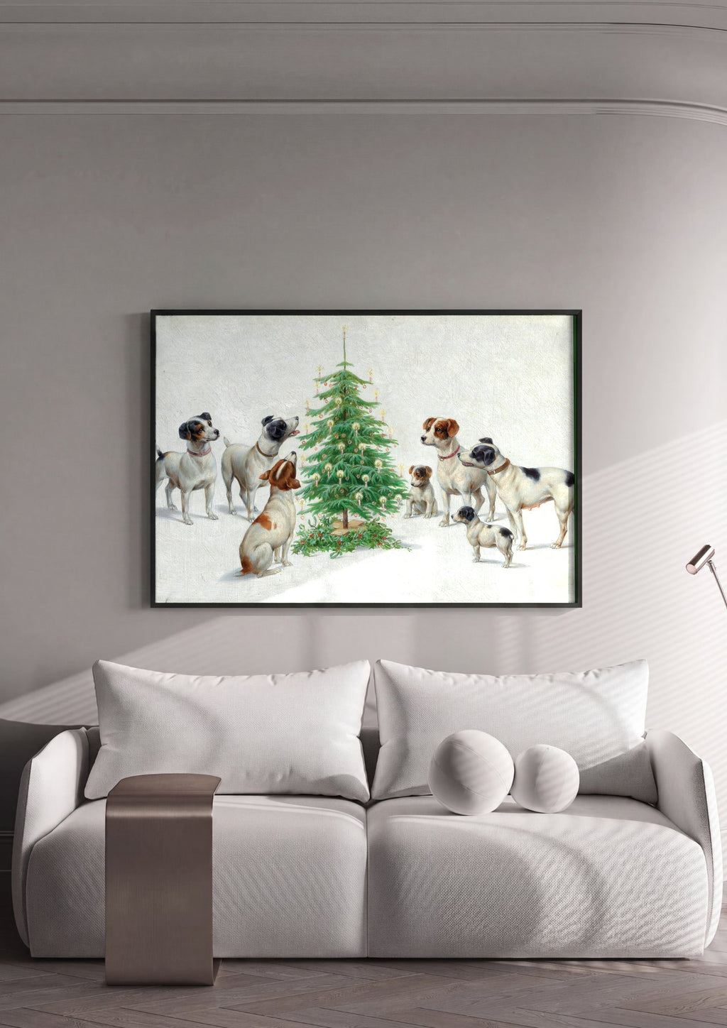 Quadro Decorativo Cães e Árvore de Natal - Carl Reichert em ambiente decorado