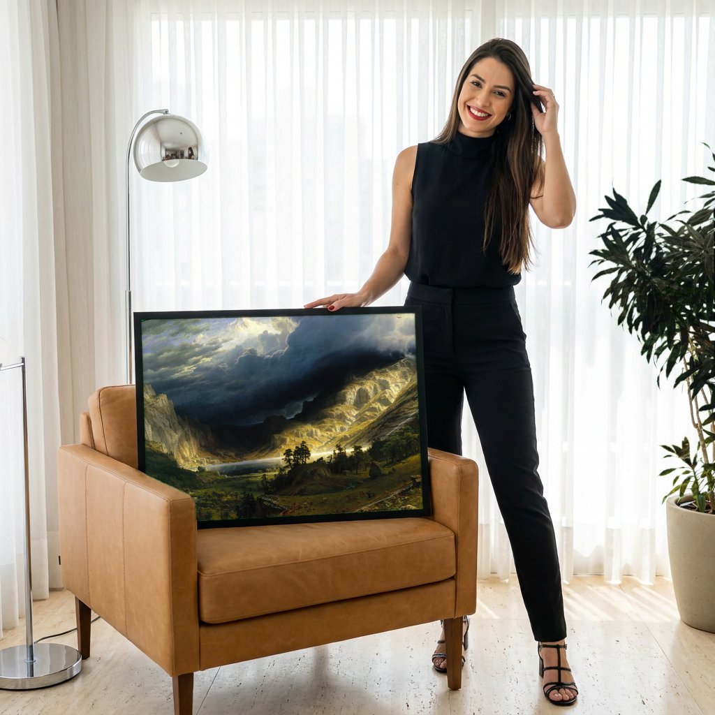 Quadro Decorativo A Tempestade na Montanha - Albert Bierstadt com modelo em ambiente
