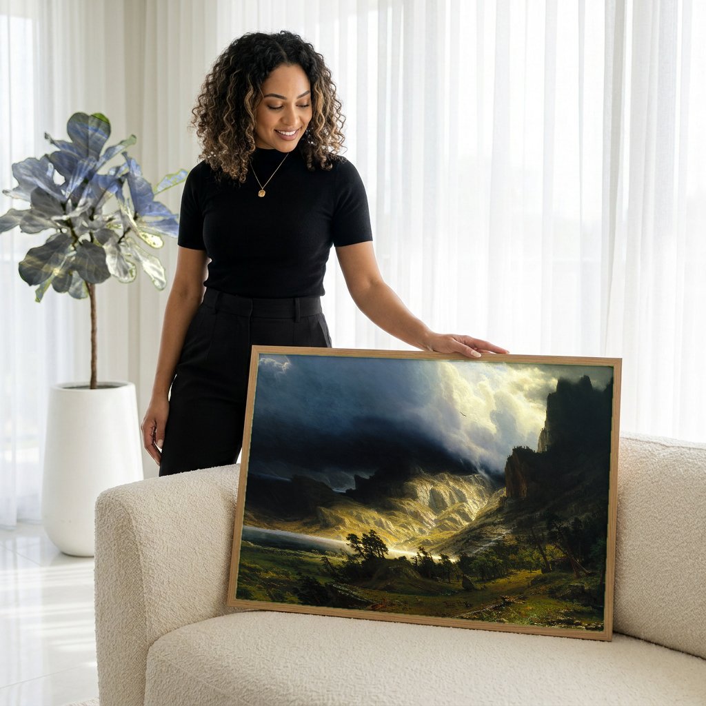 Quadro Decorativo A Tempestade na Montanha - Albert Bierstadt com modelo em ambiente