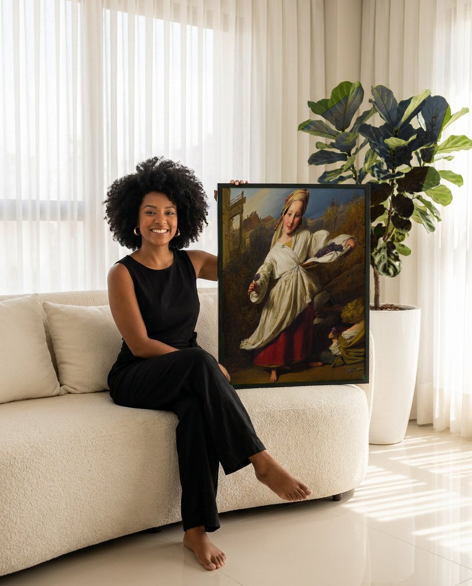 Quadro Decorativo A Menina das Violetas - Ferdinand Georg Waldmüller com modelo em ambiente