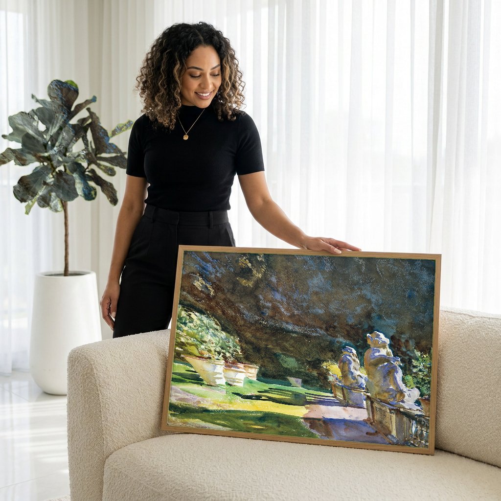 Quadro Decorativo Jardins com Estatuetas - John Singer Sargent com modelo em ambiente