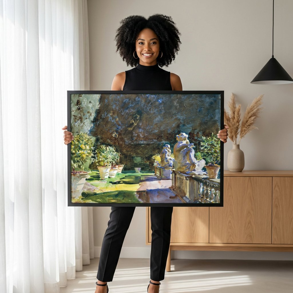 Quadro Decorativo Jardins com Estatuetas - John Singer Sargent com modelo em ambiente