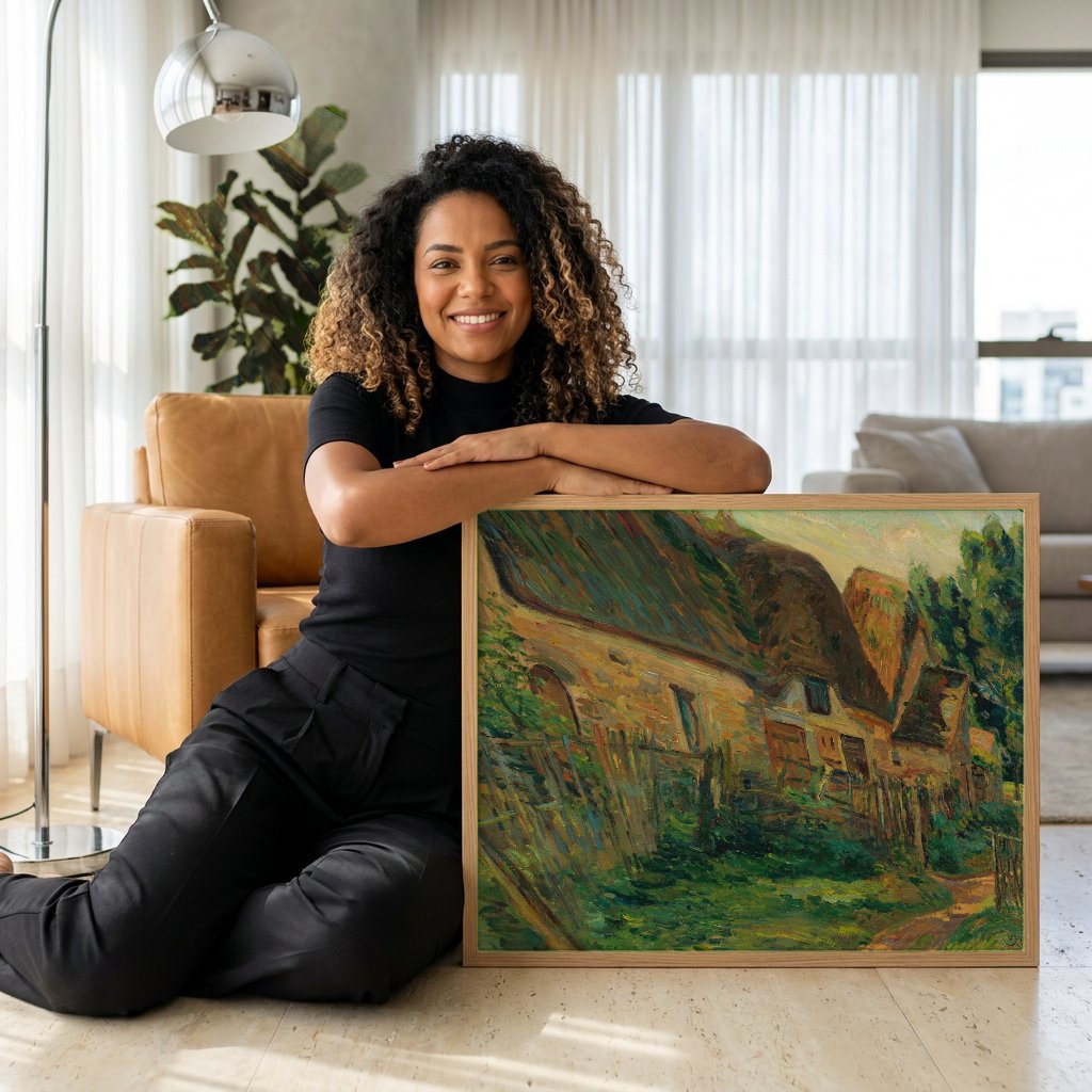 Quadro Decorativo Casas de Campo com Telhado de Palha - Guillaumin com modelo em ambiente