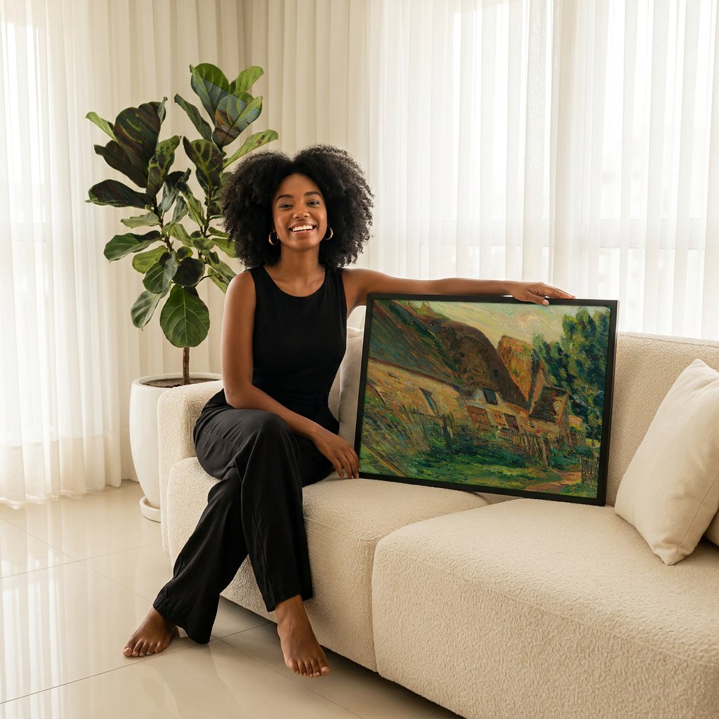 Quadro Decorativo Casas de Campo com Telhado de Palha - Guillaumin com modelo em ambiente