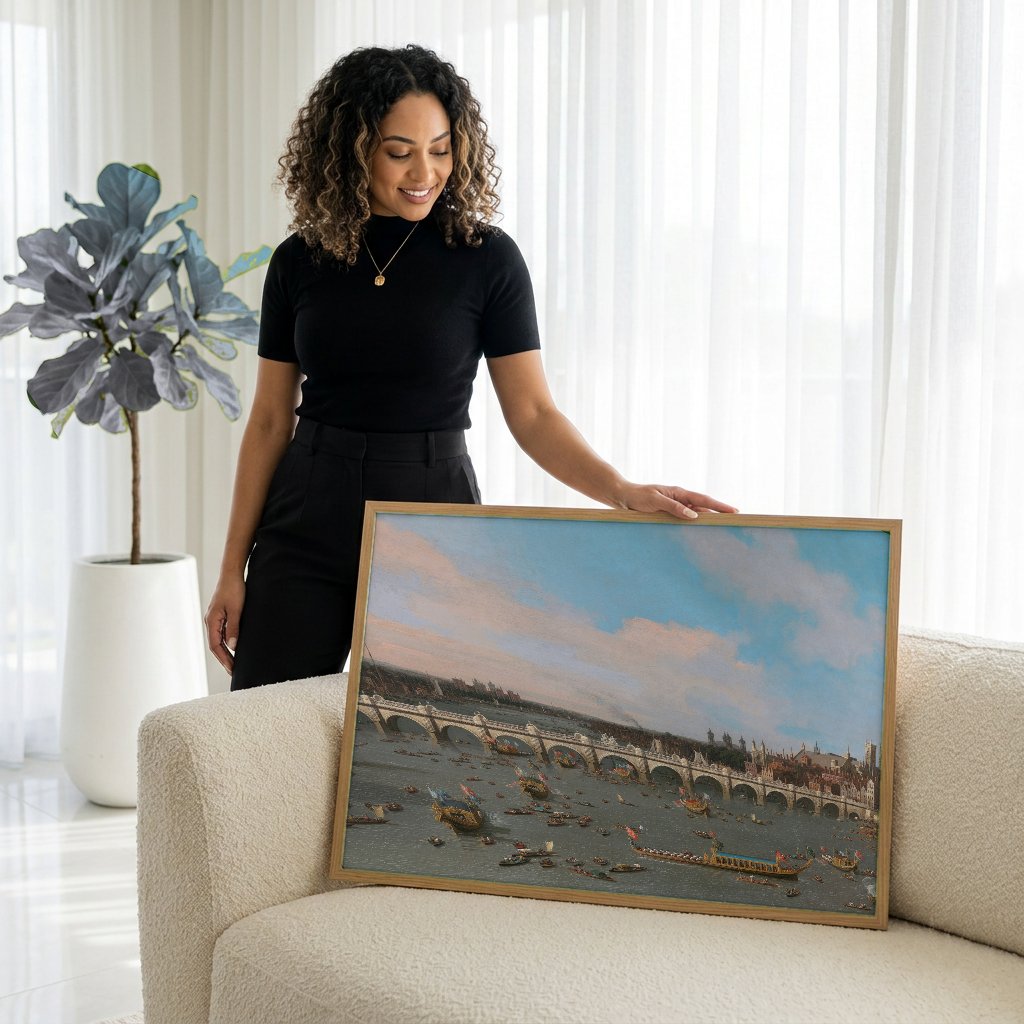 Quadro Decorativo A Ponte de Westminster em Londres - Canaletto com modelo em ambiente