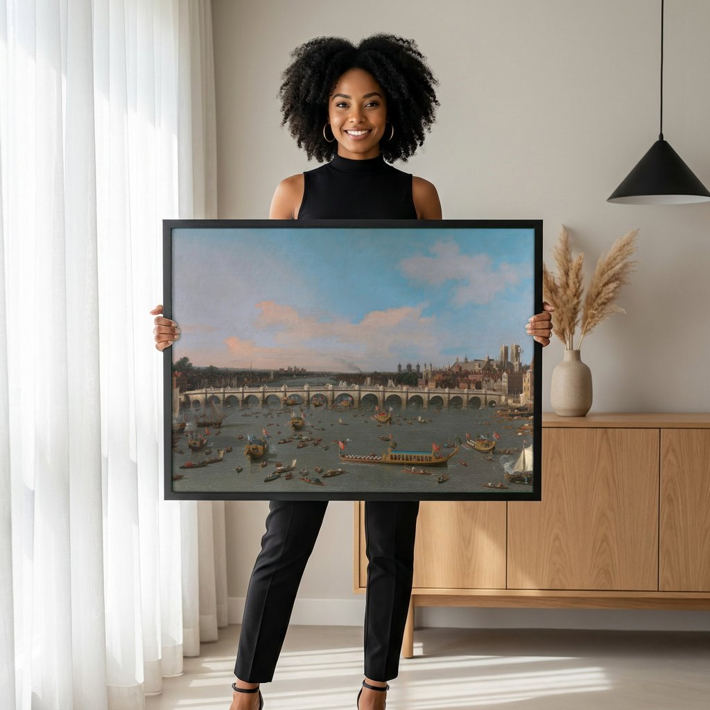 Quadro Decorativo A Ponte de Westminster em Londres - Canaletto com modelo em ambiente