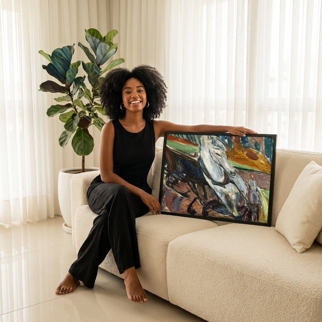 Quadro Decorativo Cavalos Lavrando a Terra - Edvard Munch com modelo em ambiente