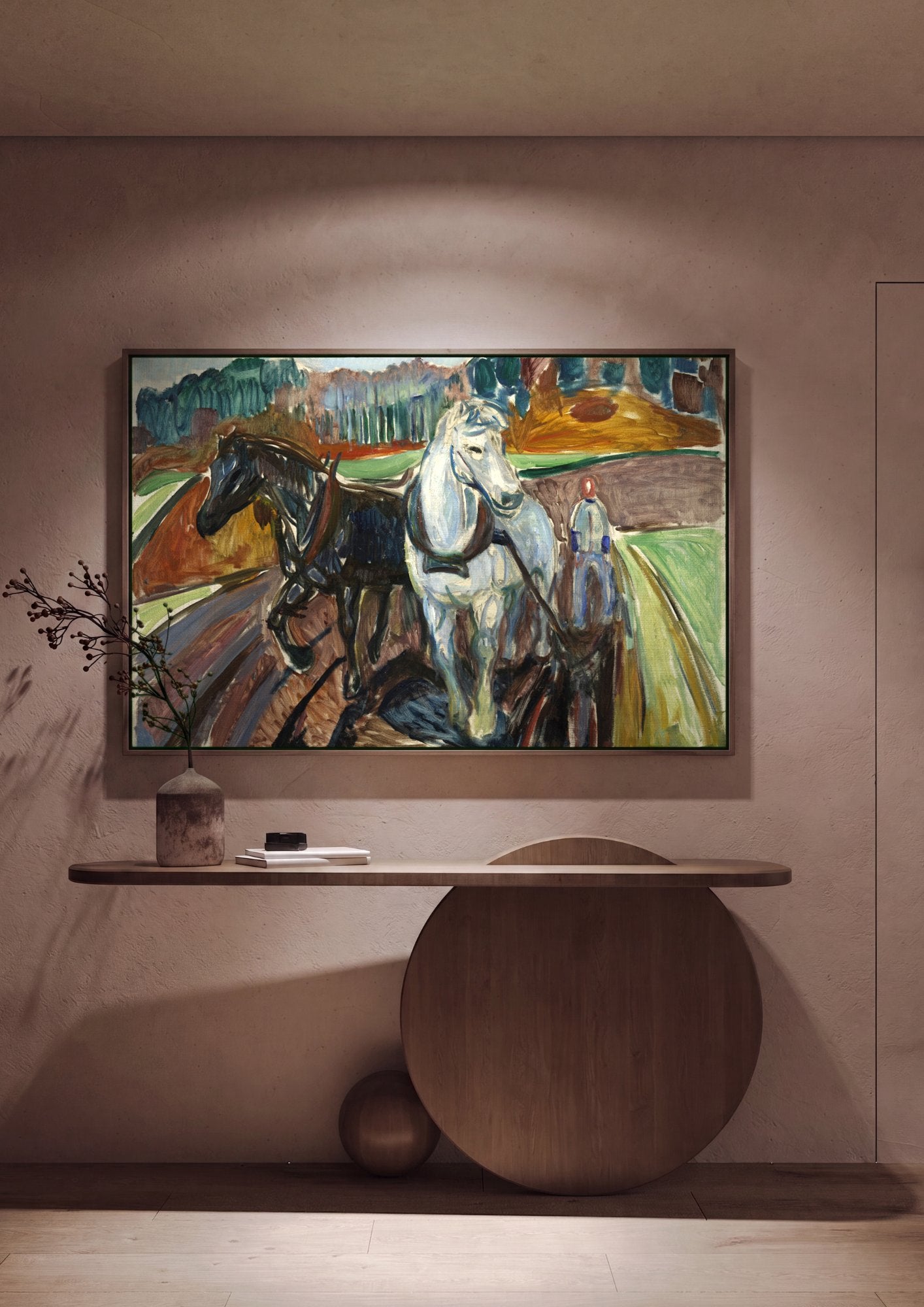 Quadro Decorativo Cavalos Lavrando a Terra - Edvard Munch em ambiente decorado
