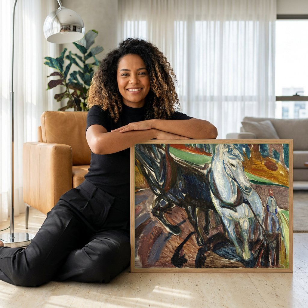 Quadro Decorativo Cavalos Lavrando a Terra - Edvard Munch com modelo em ambiente
