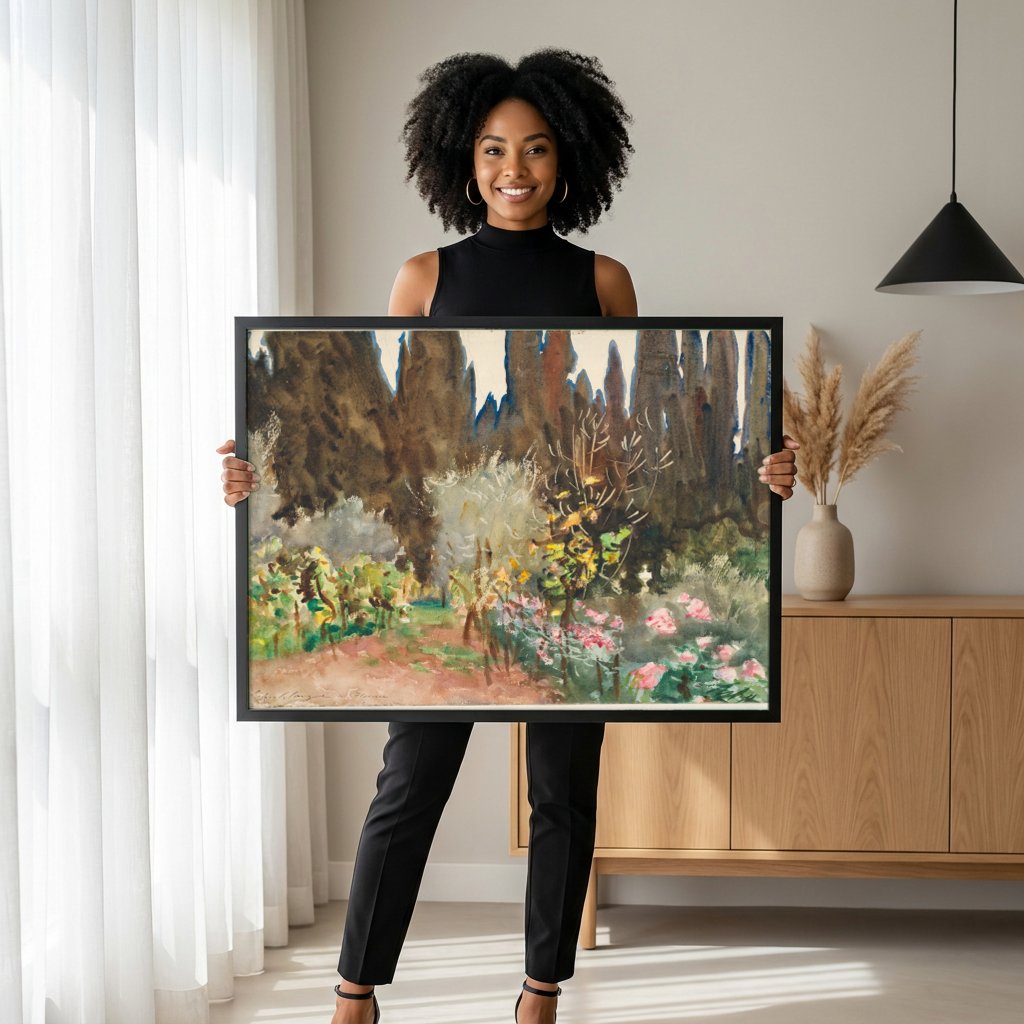 Quadro Decorativo Jardins com Ciprestes - John Singer Sargent com modelo em ambiente