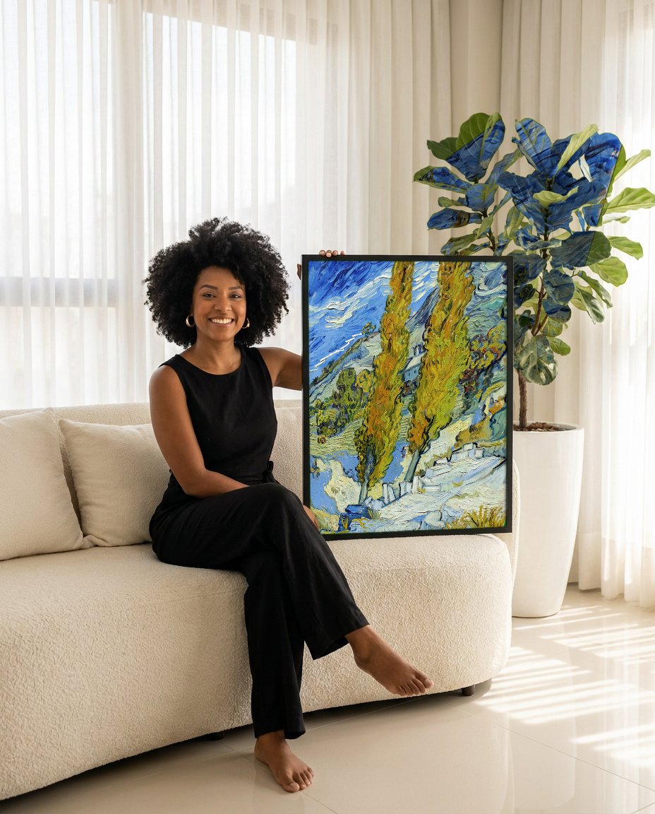 Quadro Decorativo Paisagem com Ciprestes - Van Gogh com modelo em ambiente