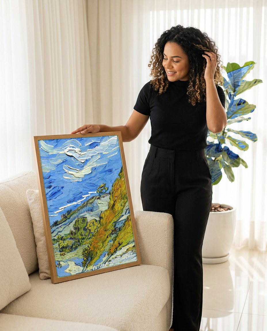 Quadro Decorativo Paisagem com Ciprestes - Van Gogh com modelo em ambiente