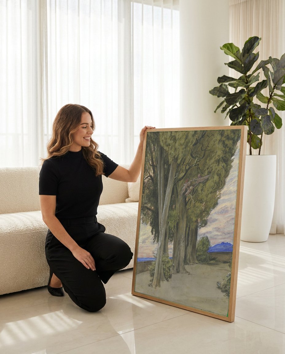 Quadro Decorativo Paisagem com Ciprestes - Hans Thoma com modelo em ambiente