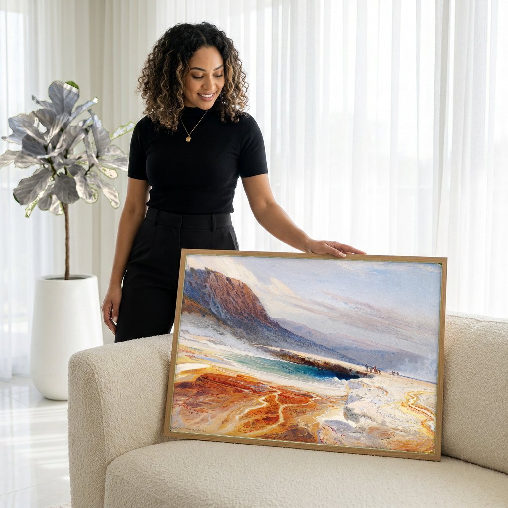 Quadro Decorativo A Grande Fonte Azul - Thomas Moran com modelo em ambiente