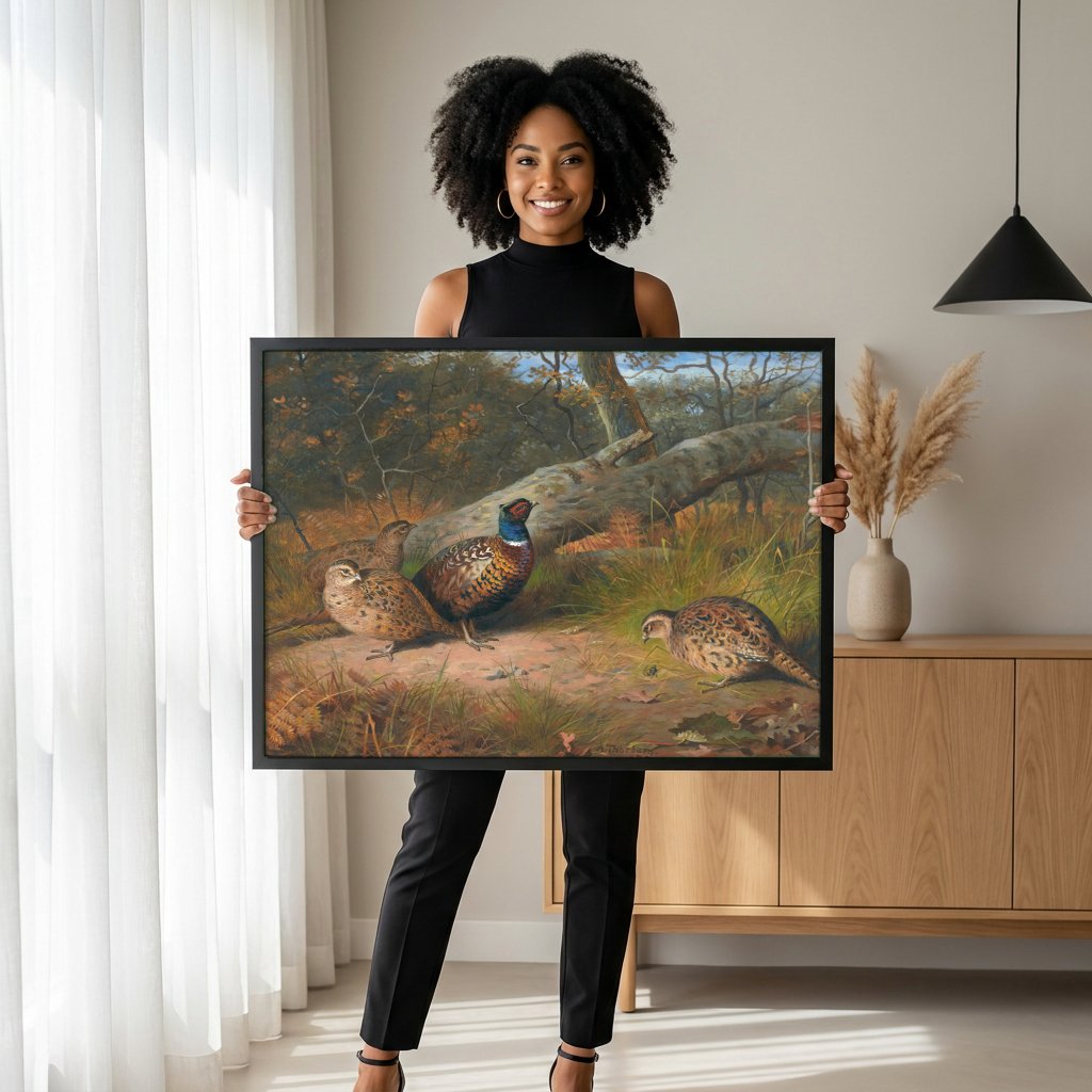 Quadro Decorativo Faisões na Floresta - Thorburn com modelo em ambiente