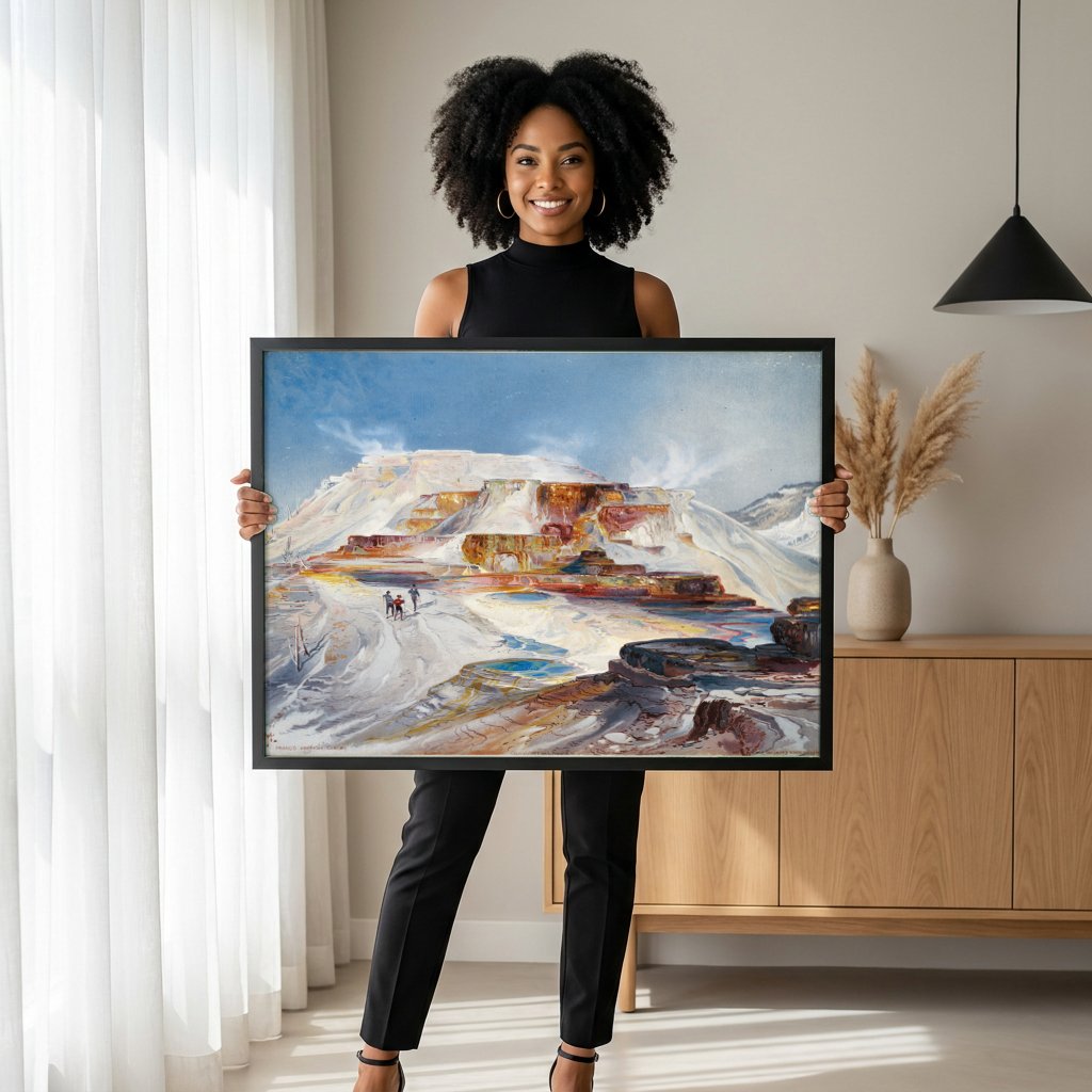 Quadro Decorativo Mammoth Hot Springs - Thomas Moran com modelo em ambiente