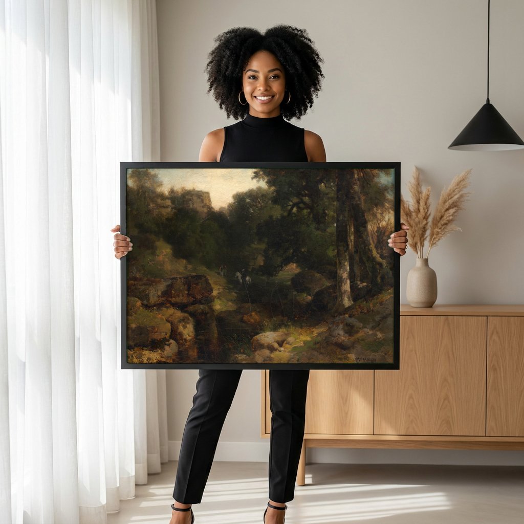 Quadro Decorativo Floresta Misteriosa - Thomas Moran com modelo em ambiente