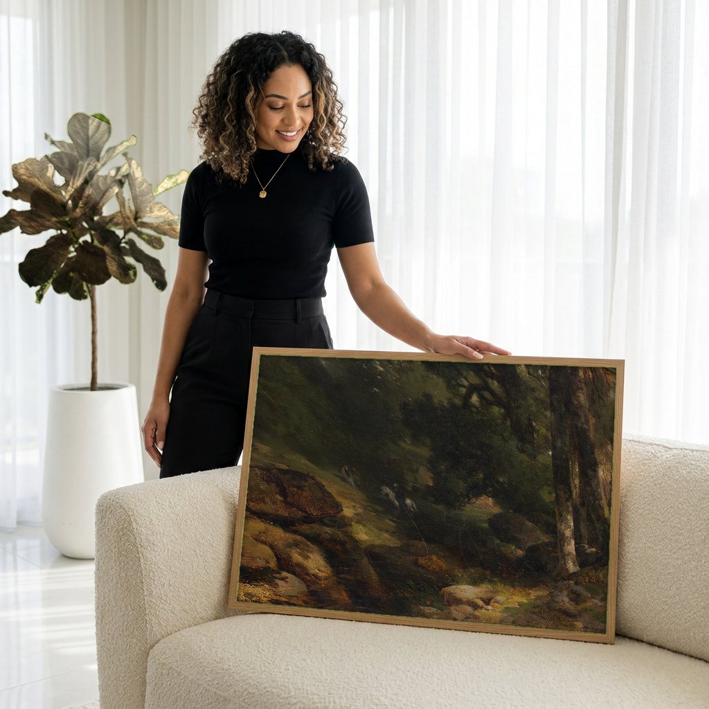 Quadro Decorativo Floresta Misteriosa - Thomas Moran com modelo em ambiente