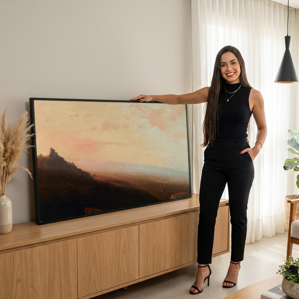 Quadro Decorativo Paisagem com Ruínas - Thomas Moran com modelo em ambiente