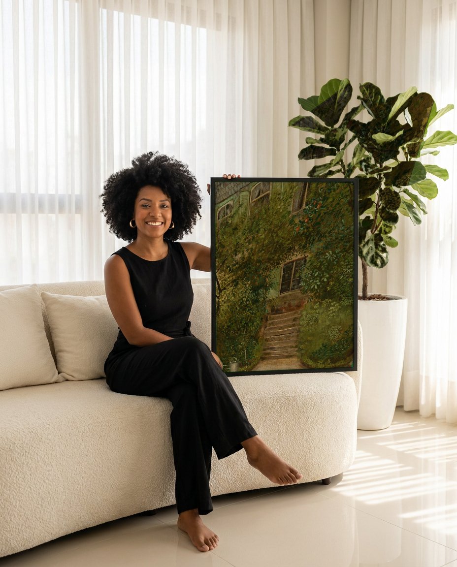 Quadro Decorativo 'Casa no Jardim' - Hans Thoma com modelo em ambiente