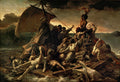 Pintura a óleo 'A Balsa da Medusa' de Théodore Géricault, retratando sobreviventes de um naufrágio em uma balsa improvisada no mar revolto, com corpos em agonia e esperança de resgate ao longe.